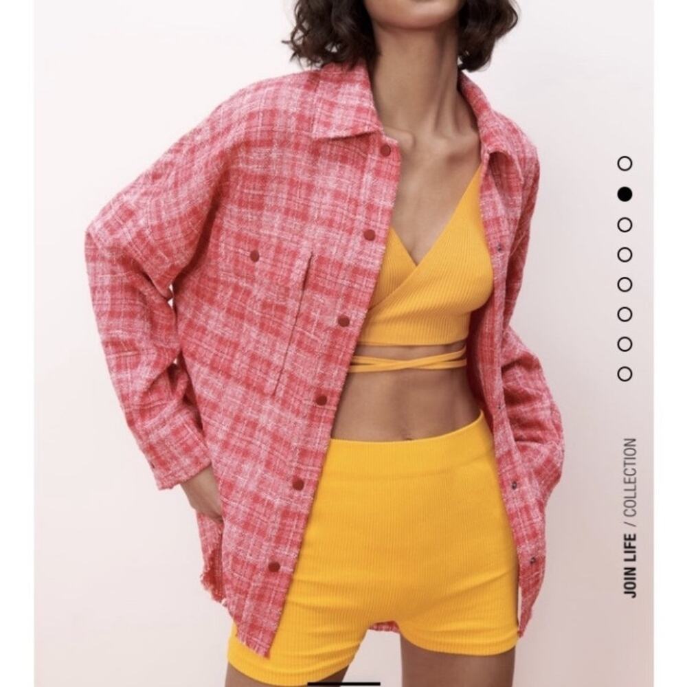 Zara Checkered Pink Frayed Hem Shacket Oversized Button Down Size Small